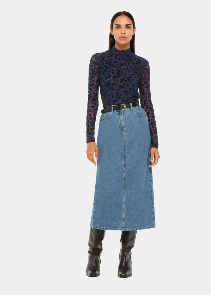 Whistles Flower Crew Neck Mesh Top Navy Women Tops