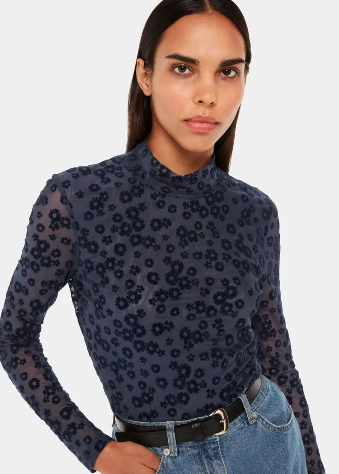 Whistles Flower Crew Neck Mesh Top Navy Women Tops