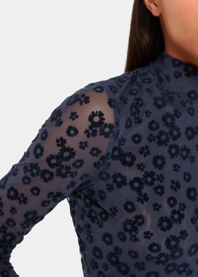 Whistles Flower Crew Neck Mesh Top Navy Women Tops