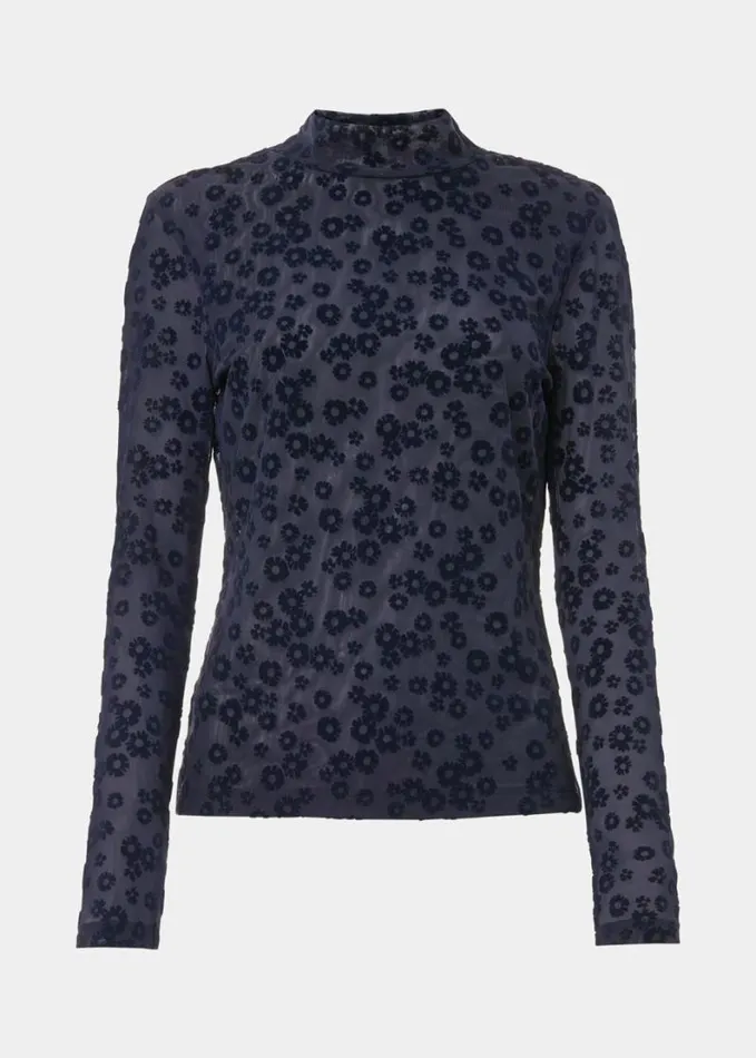 Whistles Flower Crew Neck Mesh Top Navy Women Tops
