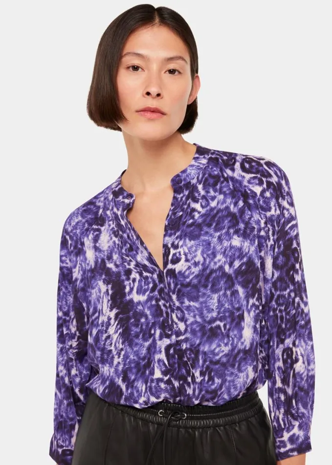 Whistles Glossy Leopard Raglan Shirt Purplemulti Women Tops