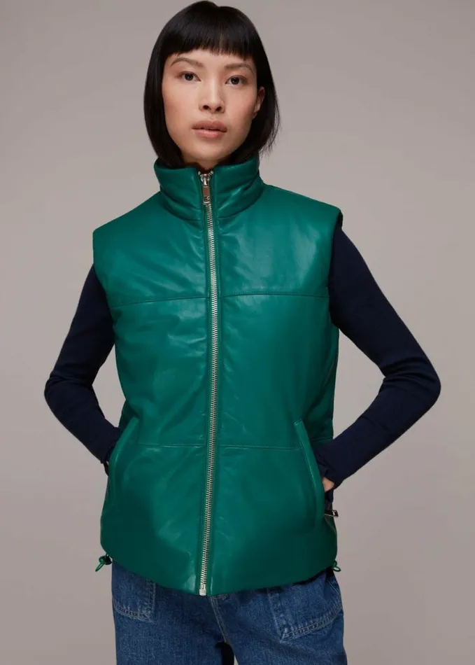 Whistles Leather Puffer Quilted Gilet Dark Green Women Coats and Jackets
