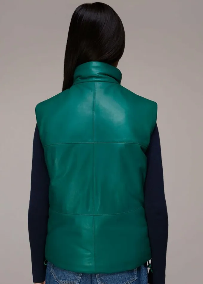 Whistles Leather Puffer Quilted Gilet Dark Green Women Coats and Jackets