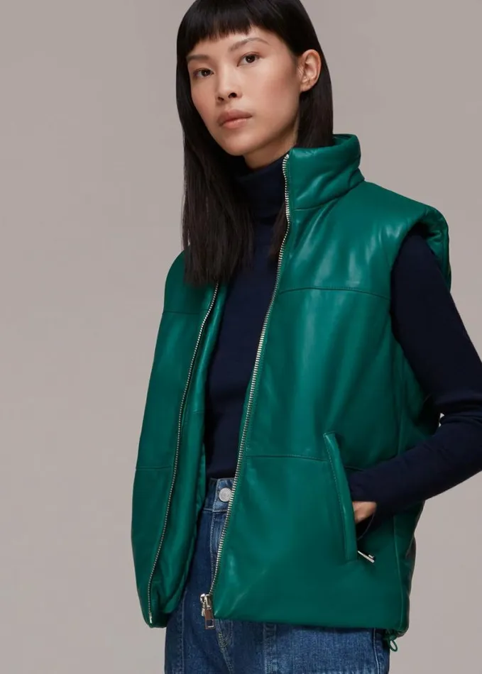 Whistles Leather Puffer Quilted Gilet Dark Green Women Coats and Jackets