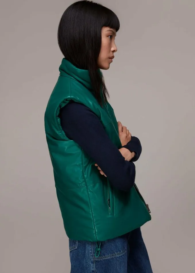 Whistles Leather Puffer Quilted Gilet Dark Green Women Coats and Jackets
