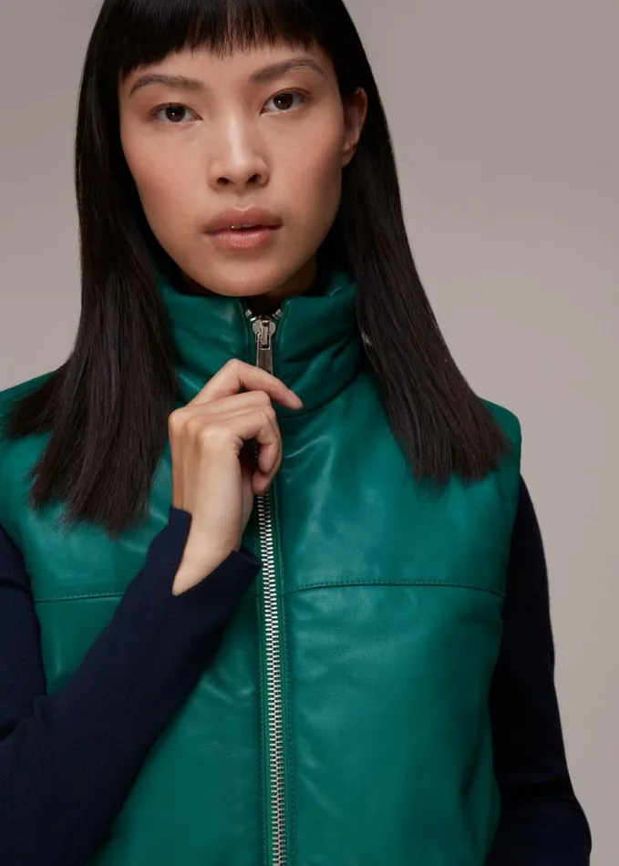 Whistles Leather Puffer Quilted Gilet Dark Green Women Coats and Jackets