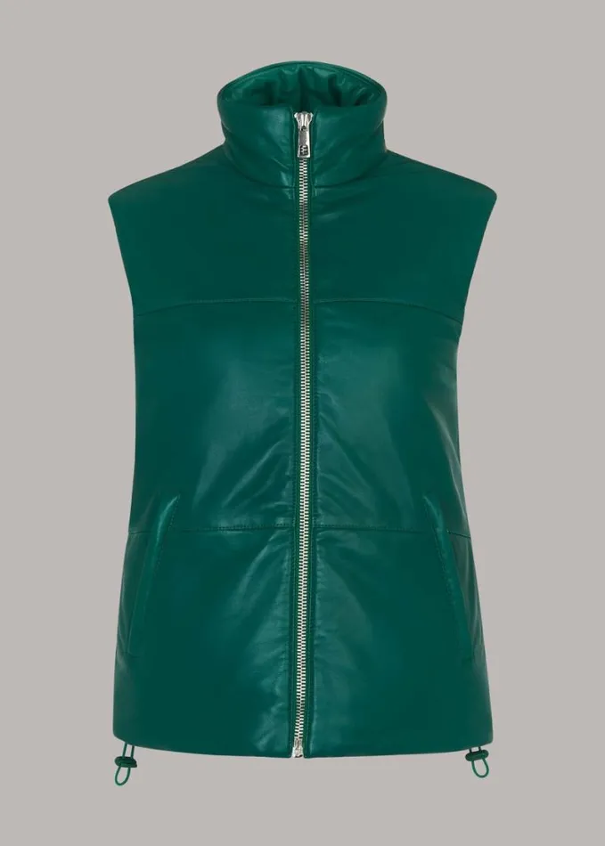 Whistles Leather Puffer Quilted Gilet Dark Green Women Coats and Jackets