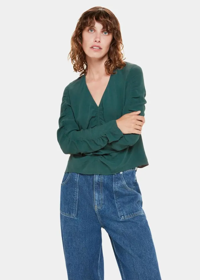 Whistles Lilly Gather Front Top Forest Green Women Tops