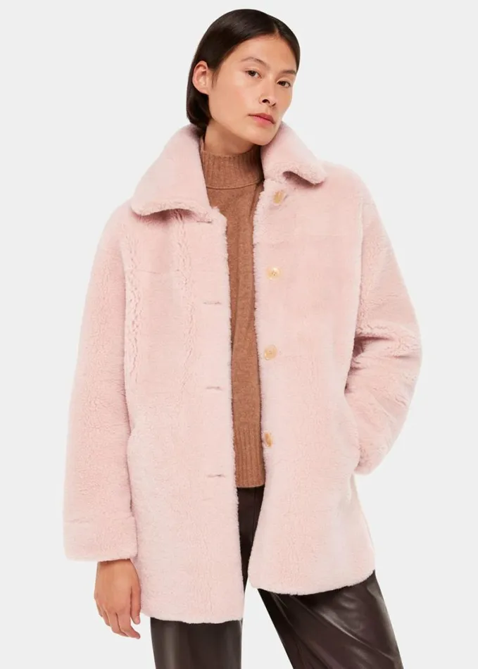 Whistles Mia Shearling Coat Pink Women Coats and Jackets