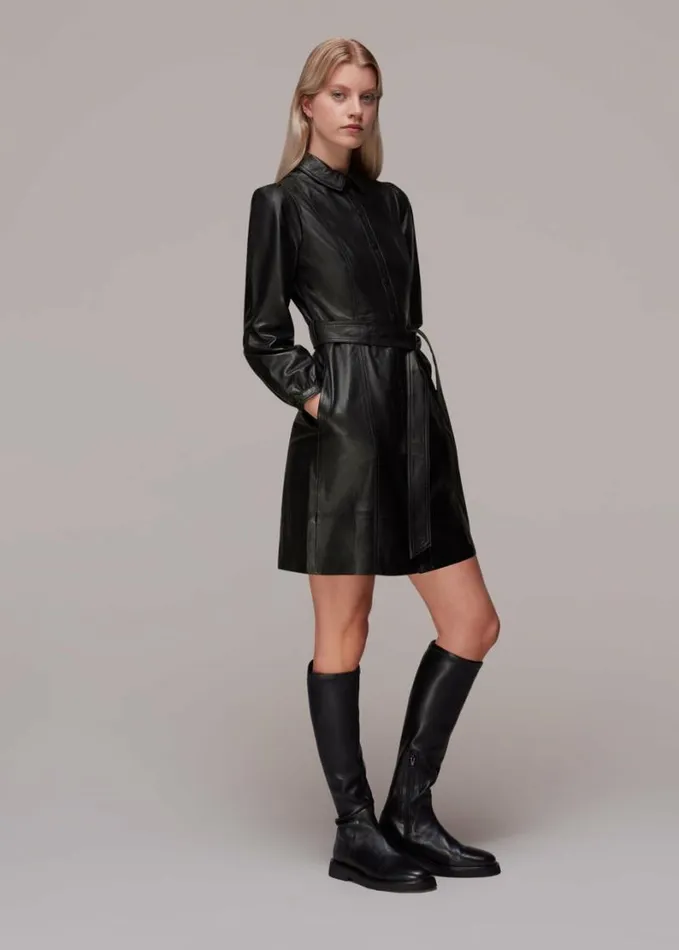 Whistles Phoebe Short Leather Dress Black Women Dresses