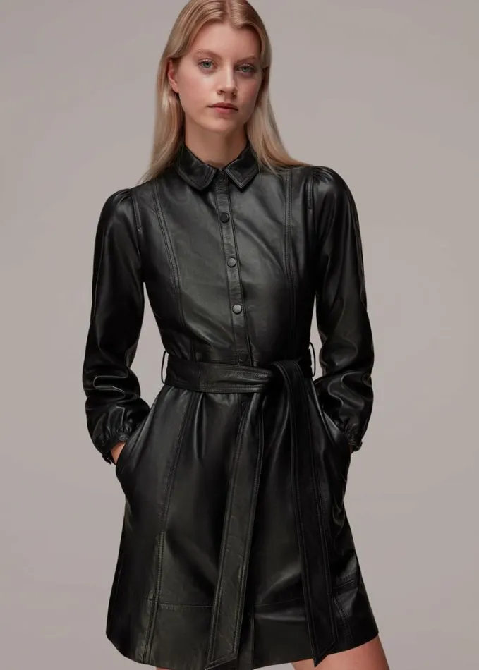 Whistles Phoebe Short Leather Dress Black Women Dresses