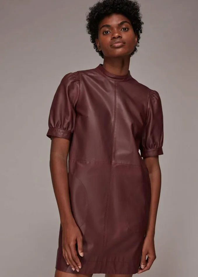 Whistles Puff Sleeve Leather Dress Burgundy Women Dresses
