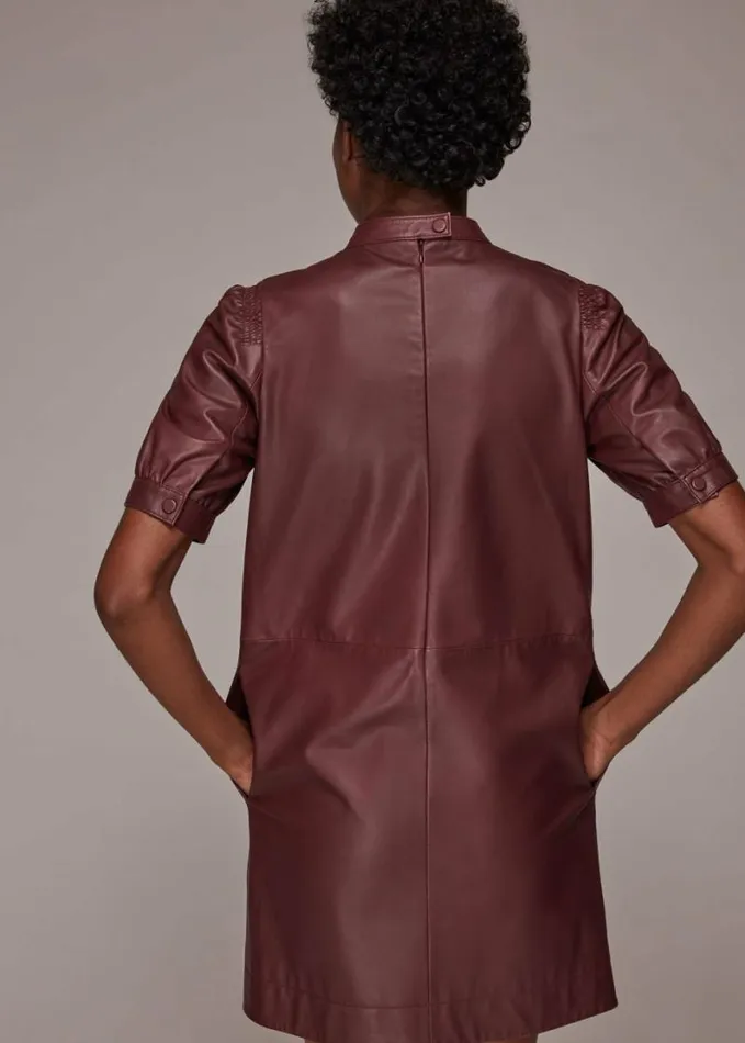 Whistles Puff Sleeve Leather Dress Burgundy Women Dresses
