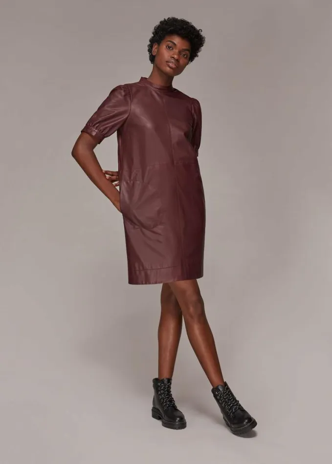 Whistles Puff Sleeve Leather Dress Burgundy Women Dresses