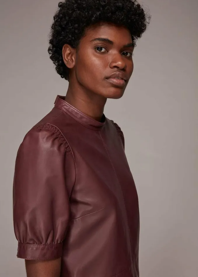 Whistles Puff Sleeve Leather Dress Burgundy Women Dresses