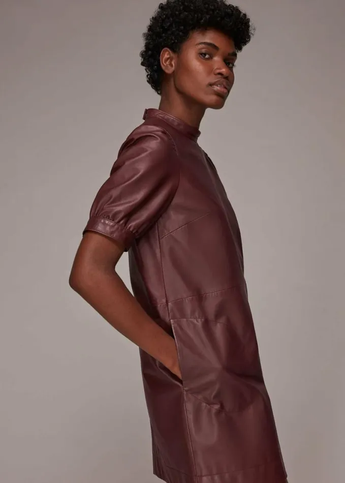 Whistles Puff Sleeve Leather Dress Burgundy Women Dresses
