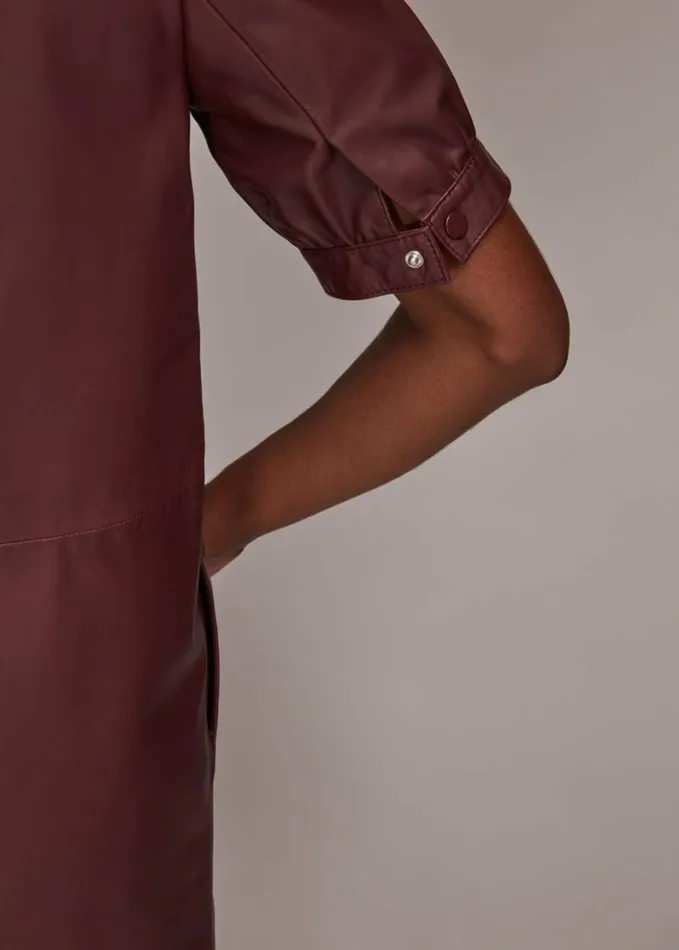 Whistles Puff Sleeve Leather Dress Burgundy Women Dresses