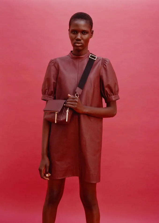 Whistles Puff Sleeve Leather Dress Burgundy Women Dresses