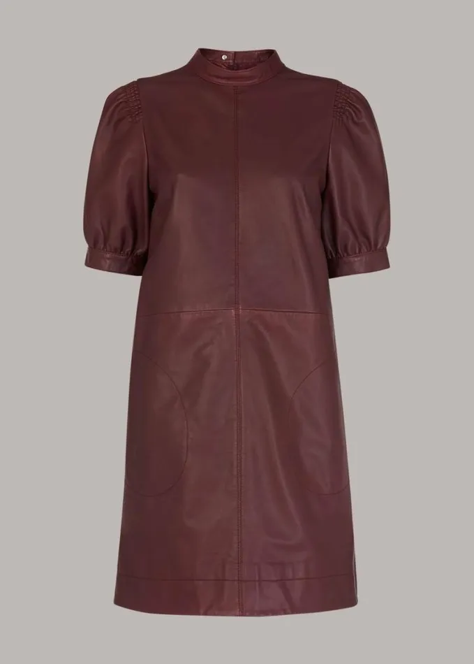 Whistles Puff Sleeve Leather Dress Burgundy Women Dresses