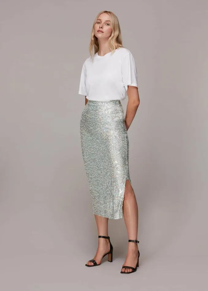 Whistles Sequin Column Skirt Silver Women Skirts
