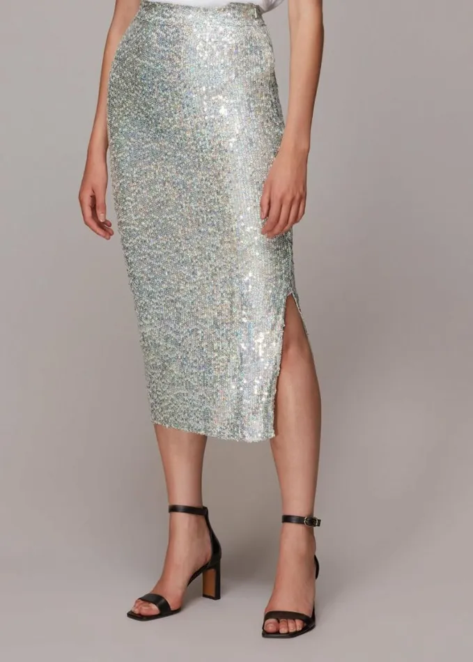 Whistles Sequin Column Skirt Silver Women Skirts