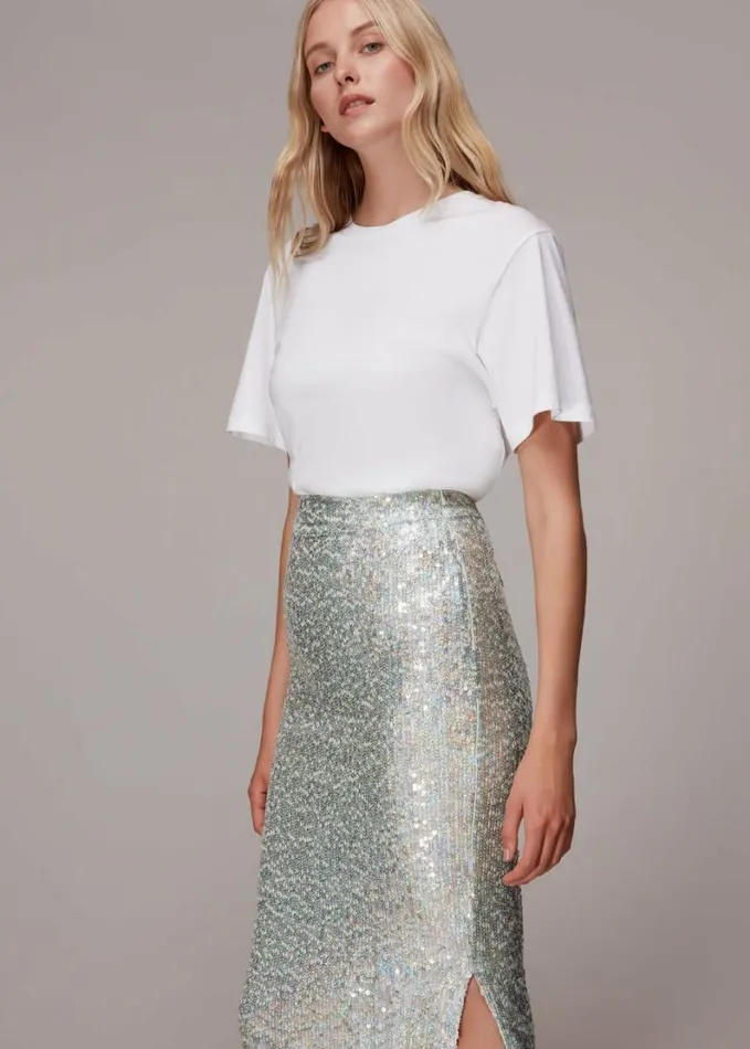 Whistles Sequin Column Skirt Silver Women Skirts