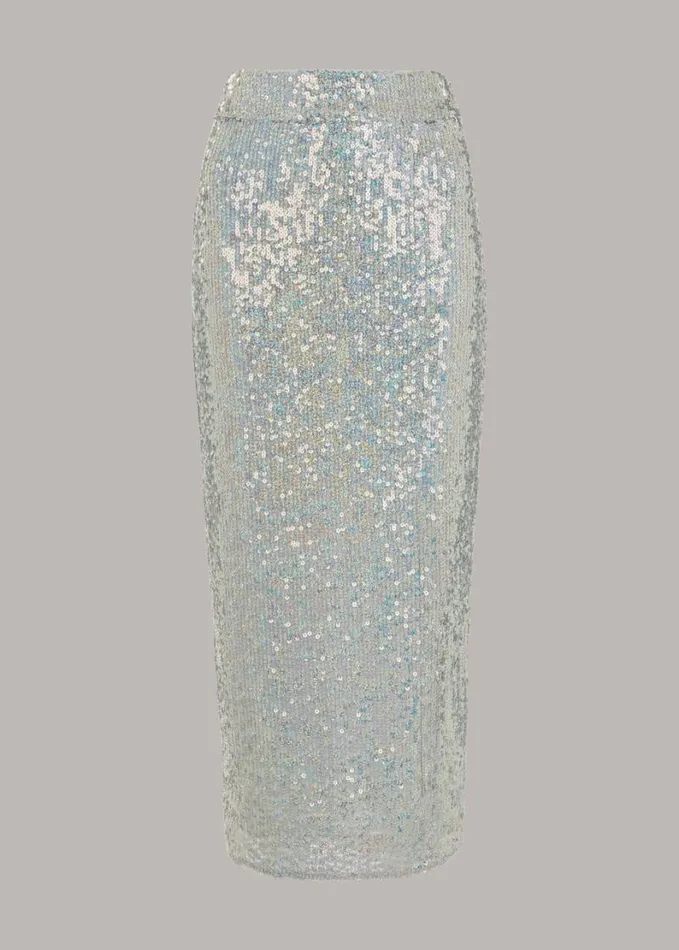 Whistles Sequin Column Skirt Silver Women Skirts