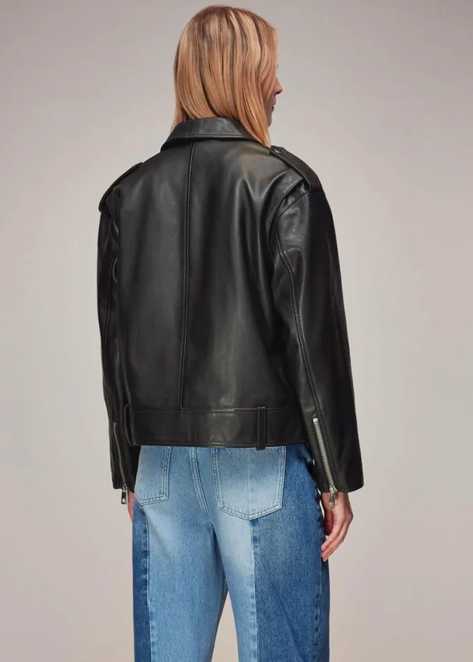 Whistles Sophia Oversized Leather Biker Black Women Coats and Jackets
