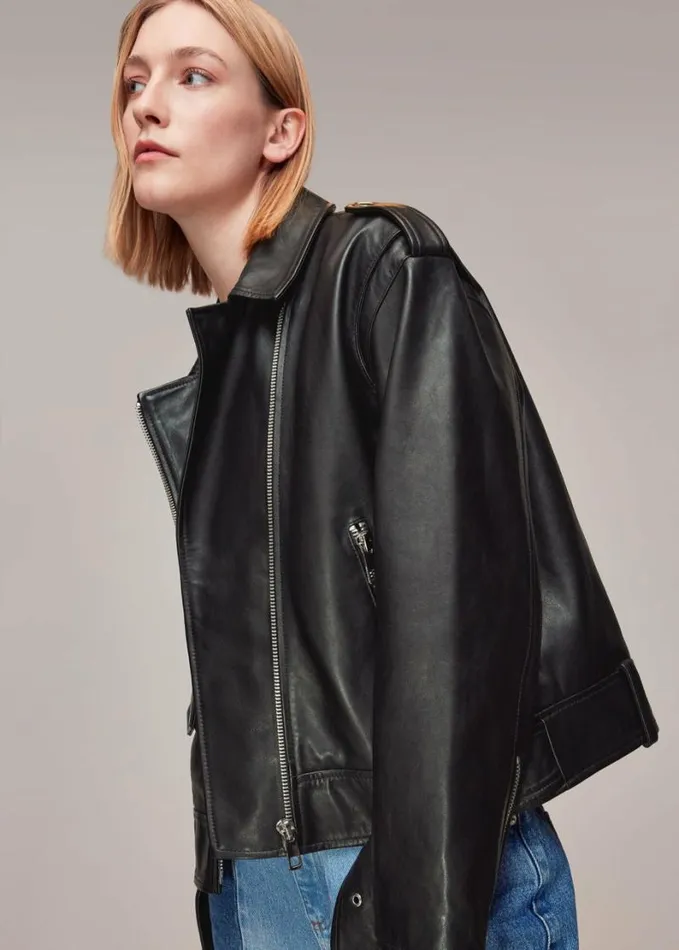 Whistles Sophia Oversized Leather Biker Black Women Coats and Jackets