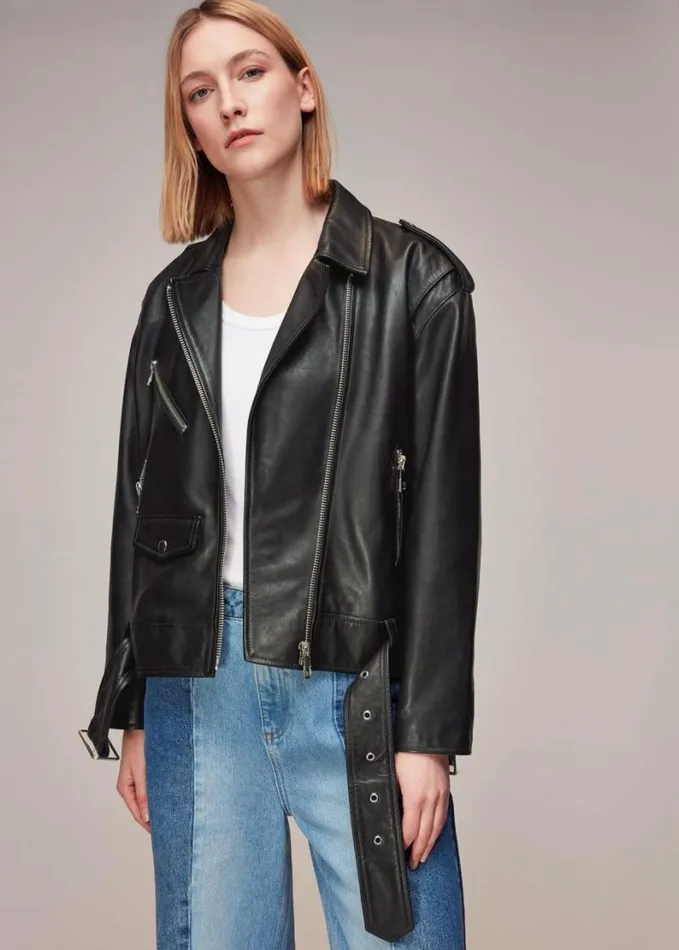 Whistles Sophia Oversized Leather Biker Black Women Coats and Jackets