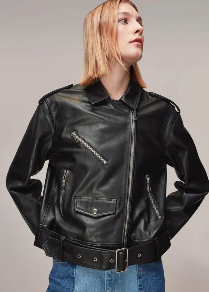 Whistles Sophia Oversized Leather Biker Black Women Coats and Jackets