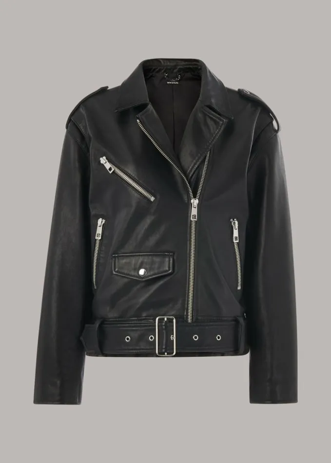 Whistles Sophia Oversized Leather Biker Black Women Coats and Jackets
