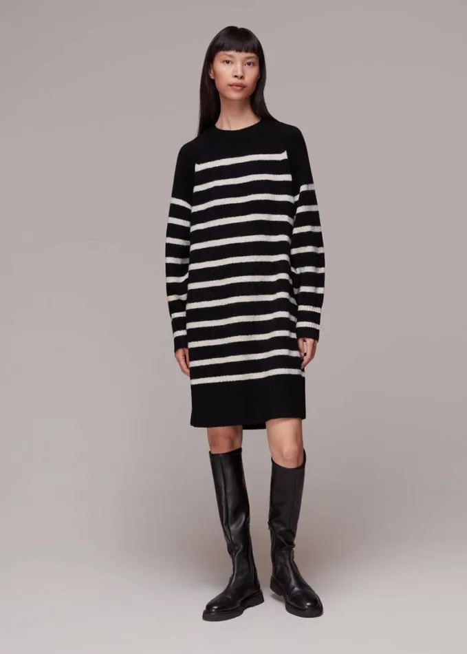 Whistles Stripe Crew Neck Knit Dress Blackmulti Women Dresses
