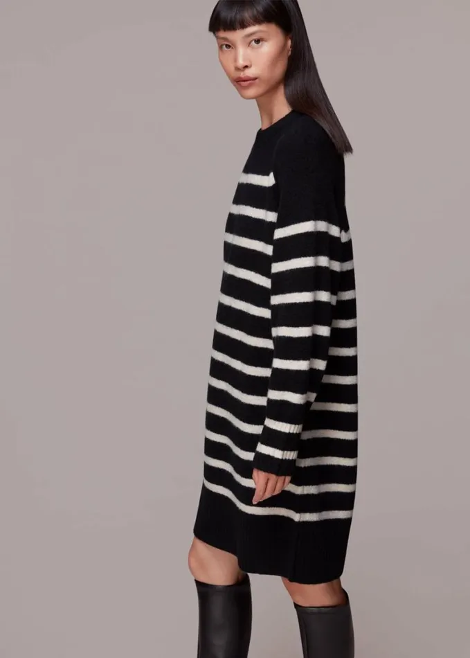 Whistles Stripe Crew Neck Knit Dress Blackmulti Women Dresses