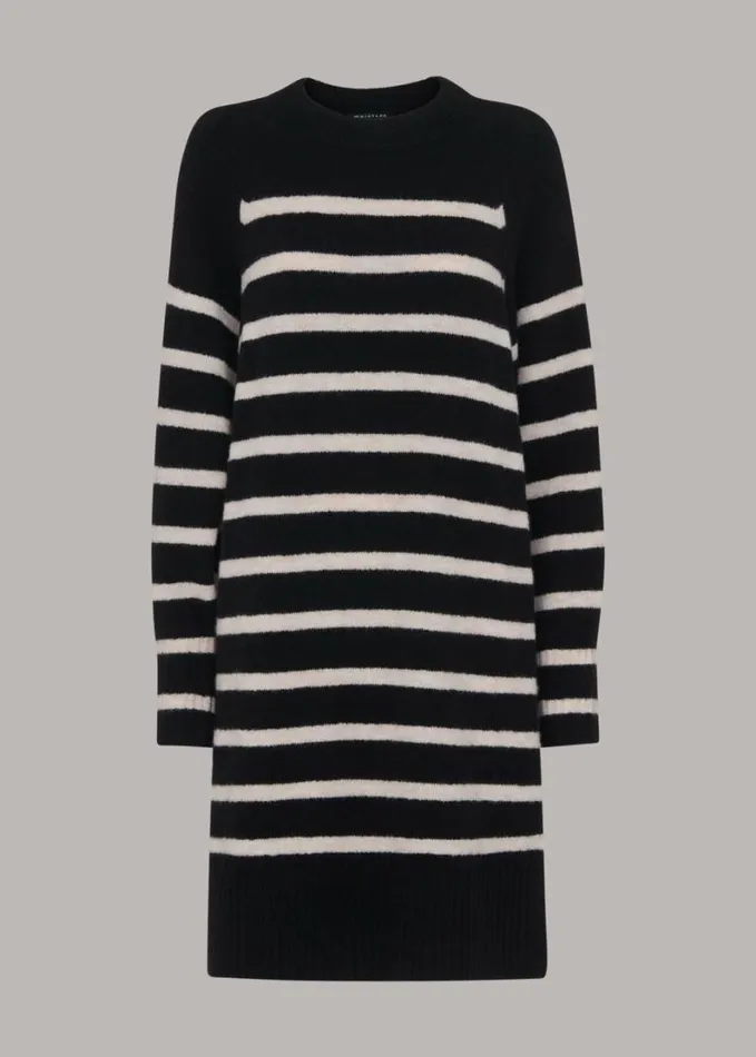 Whistles Stripe Crew Neck Knit Dress Blackmulti Women Dresses
