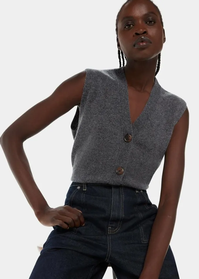 Whistles Wool Button Through Tank Dark Grey Women Sweaters and Cashmere