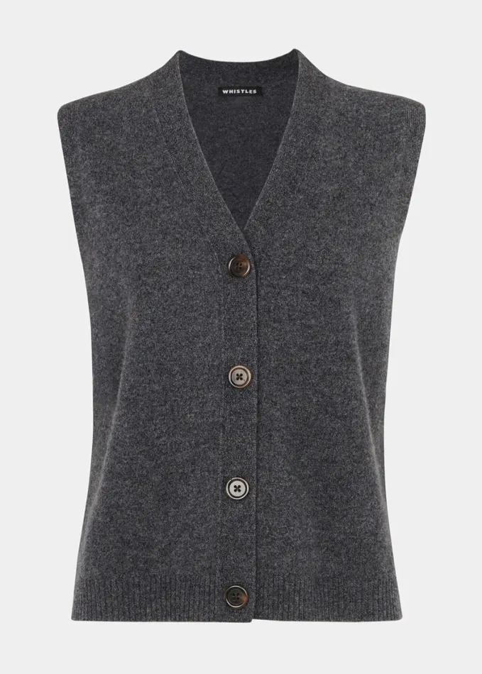 Whistles Wool Button Through Tank Dark Grey Women Sweaters and Cashmere