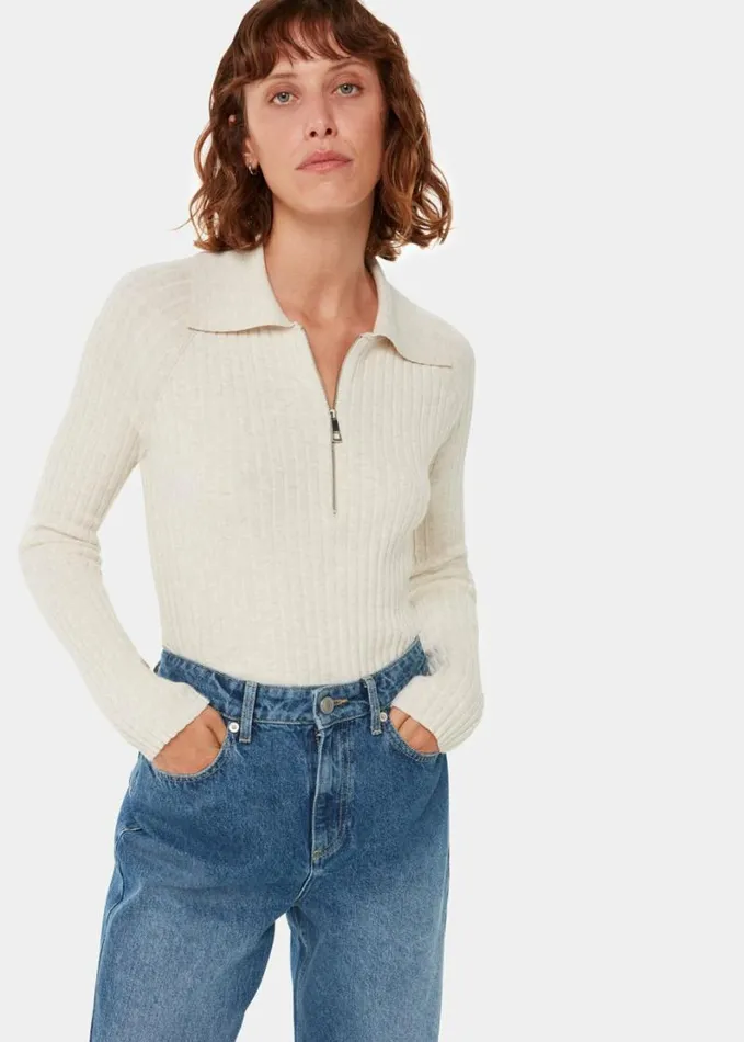 Whistles Zip Polo Knit Neutral Women Sweaters and Cashmere