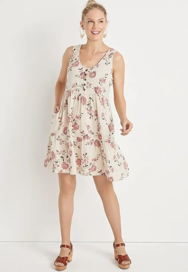 White Floral Button Front Babydoll Mini Dress Women Maurices Dresses and Jumpsuits