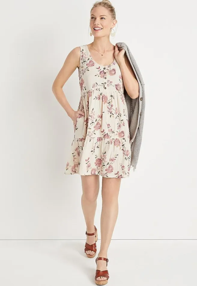 White Floral Button Front Babydoll Mini Dress Women Maurices Dresses and Jumpsuits