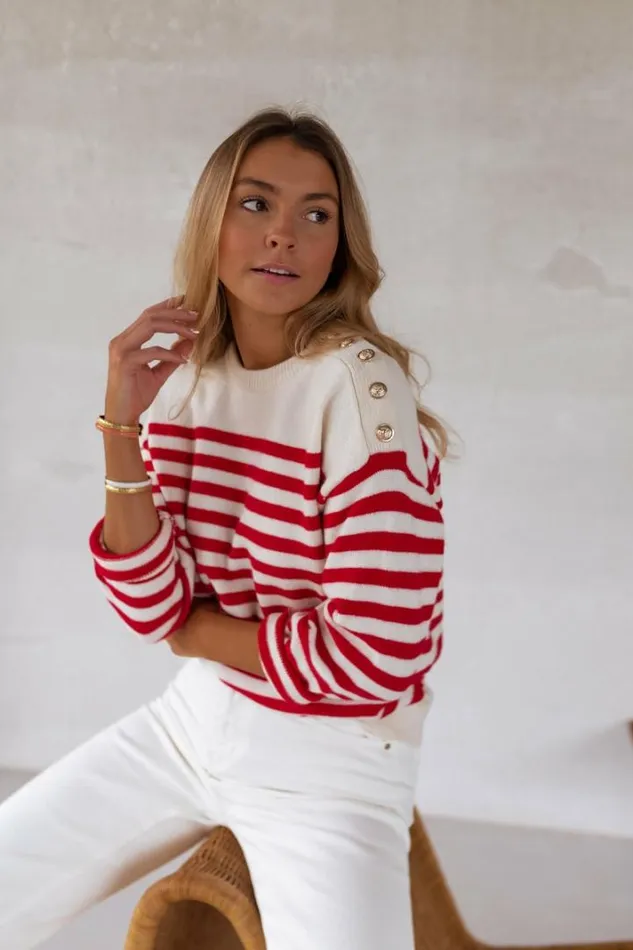 Women039s Clothing Sweaters Easy Clothes White Aubry Sweater With Red Lines