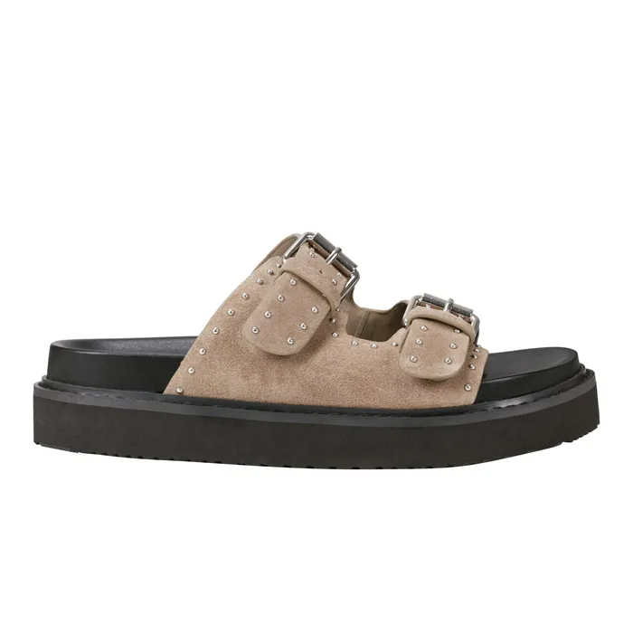 Women Agusta Studded Slide Sandal Taupe Suede Mules and Slides Marc Fisher