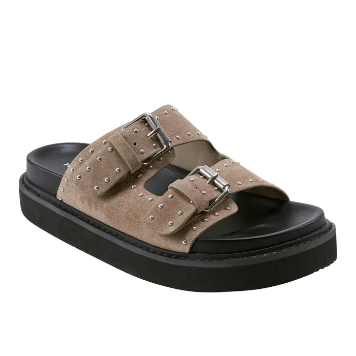 Women Agusta Studded Slide Sandal Taupe Suede Mules and Slides Marc Fisher