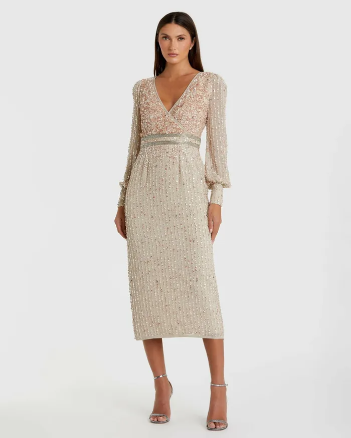 Women Beige Sequined V Neck Bishop Sleeve Dress Nude Cocktail Dresses Mac Duggal