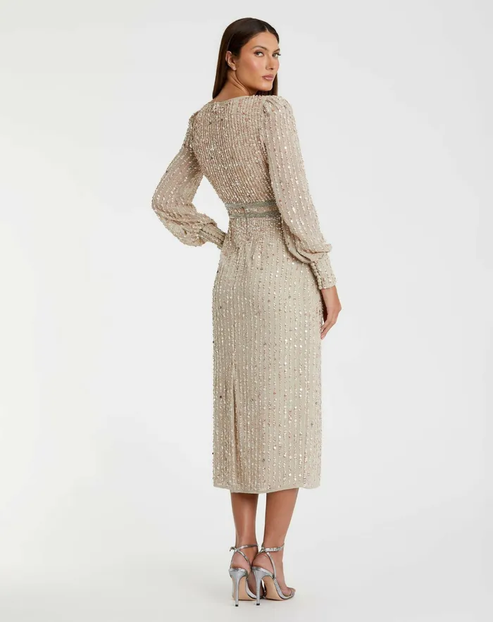 Women Beige Sequined V Neck Bishop Sleeve Dress Nude Cocktail Dresses Mac Duggal