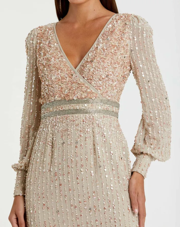 Women Beige Sequined V Neck Bishop Sleeve Dress Nude Cocktail Dresses Mac Duggal