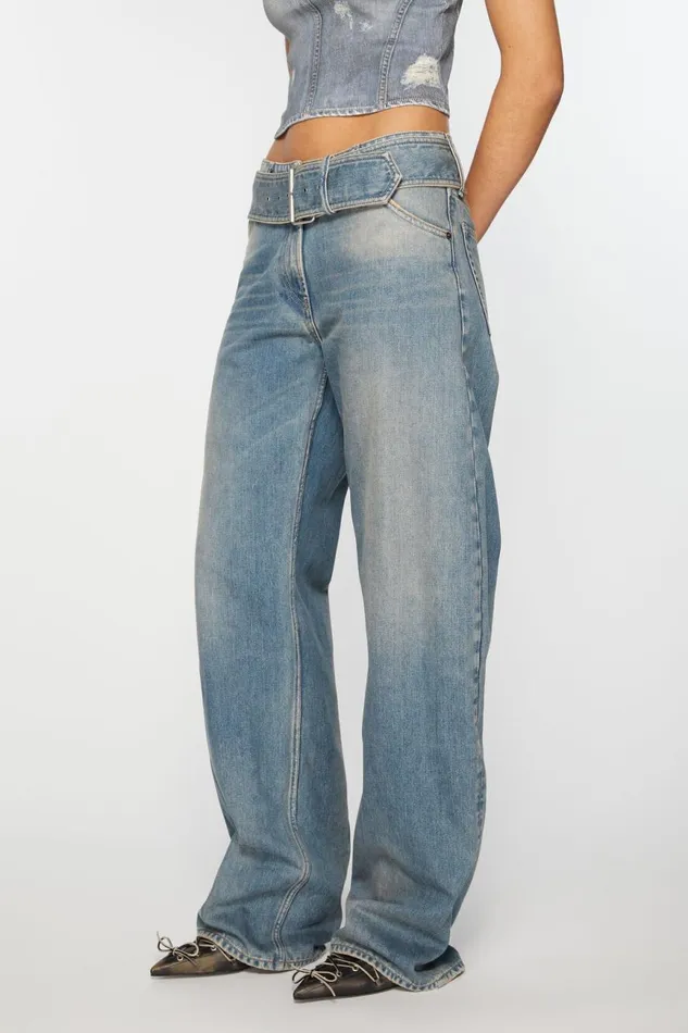 Women Belted Jeans 8211 Relaxed Fit Mid Blue Acne Studios Jeans