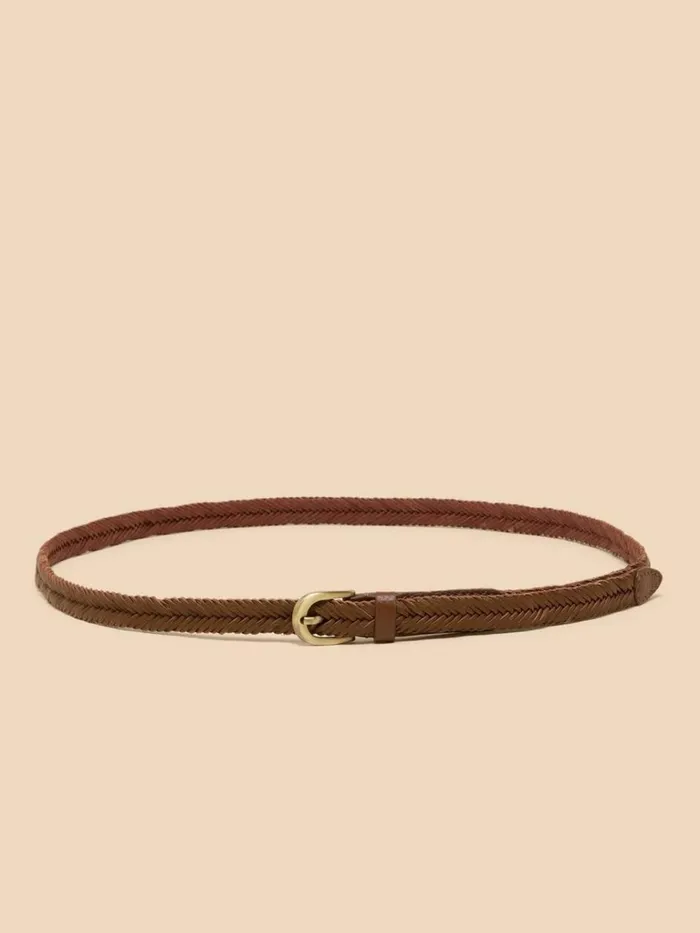 Women BELTS White Stuff Plaited Leather Skinny Belt Mid Tan