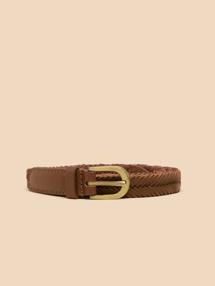 Women BELTS White Stuff Plaited Leather Skinny Belt Mid Tan