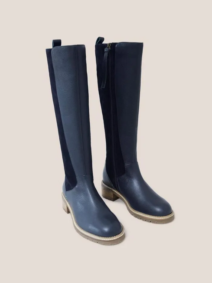 Women BOOTS White Stuff Leather Serena Knee High Boot Dark Navy